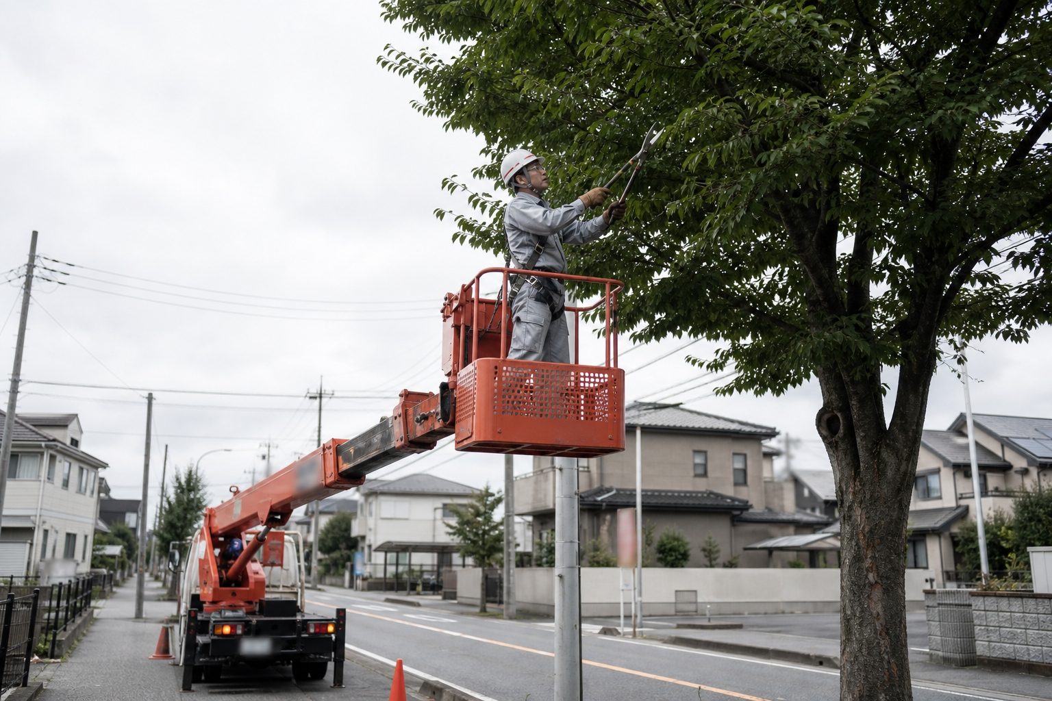 高所作業車のバスケットから街路樹の枝を剪定する作業員のイメージ