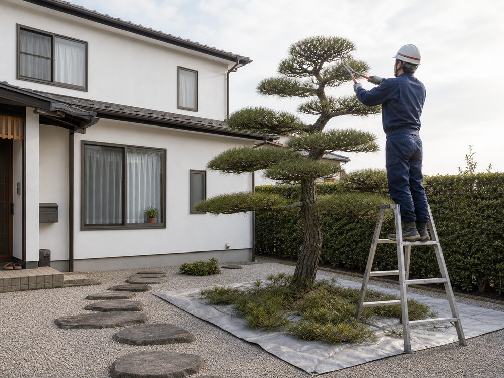 個人宅の庭で庭木を剪定する作業員のイメージ